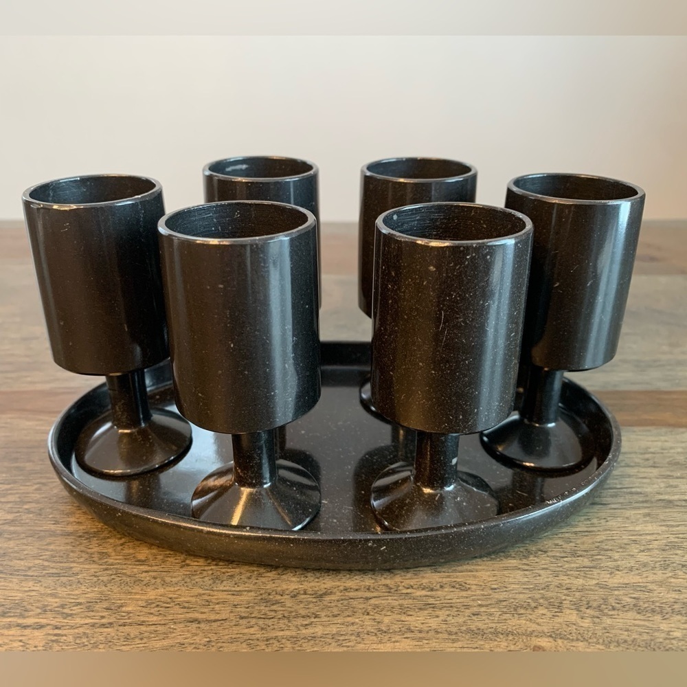 Black Stone Set 6 Small Goblets and Tray Vintage White Speckles.